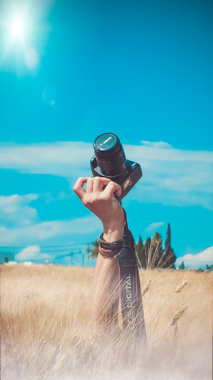 our-services-2 A hand raises a camera amidst a sunny field, evoking creativity and leisure.